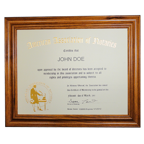 This Texas notary deluxe membership certificate frame allows you to show off your notary membership in one of the most prestigious notary associations in the U.S. The frame includes a gold embossed 8.5 x 11 inches certificate with AAN logo, your name, membership number, membership expiration date, and the signature of our membership director. This item may only be purchased by active members of the American Association of Notaries. </p></p></p></p></p>