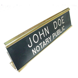 Texas notary desk signs are an essential part of presenting a professional image in the modern day work environment. This elegant, brass metal desk sign engraved with your name and the wording 'Notary Public' on an acrylic plate will make a fine addition to your office. This sign can be customized with up to two lines. Please type in any special customization instructions in the instruction box at checkout.