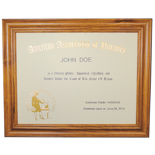 This Texas notary commission frame is made of solid hardwood. Available in cherry, black, and walnut wood. The notary frame includes a gold embossed notary certificate, personalized with your notary name and your Texas notary commission information. Proudly display your status as a commissioned Texas notary public with our deluxe notary certificate frame. This certificate frame can be purchased by both non-members and members of the AAN.
